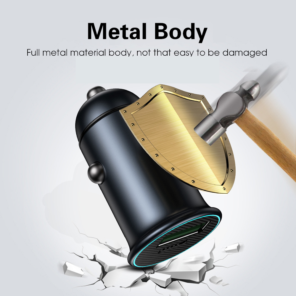 Car Charger With luminous PD3.0 30W Mini Full Metal Dual QC 3.0 QC4.0 USB Type C Quick Charging For mobile phone