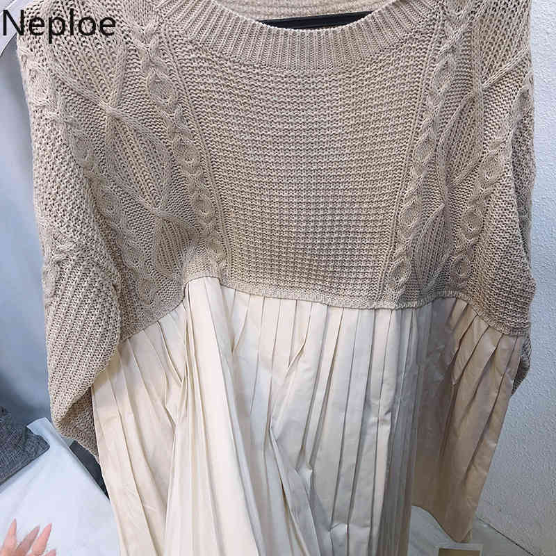 Neploe Chic Woman Dress Fashion Patchwork Knitted Pleated Vestidos O-neck Long Sleeve Loose Casual Robe Dresses Women 4G234 210422