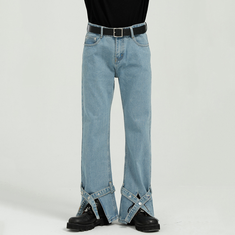 IEFB Strap Split Bottoms Loose Straight Blue Jeans For Men Vintage Streetwear Fashion Bandage Denim Trousers 9Y7113 210524