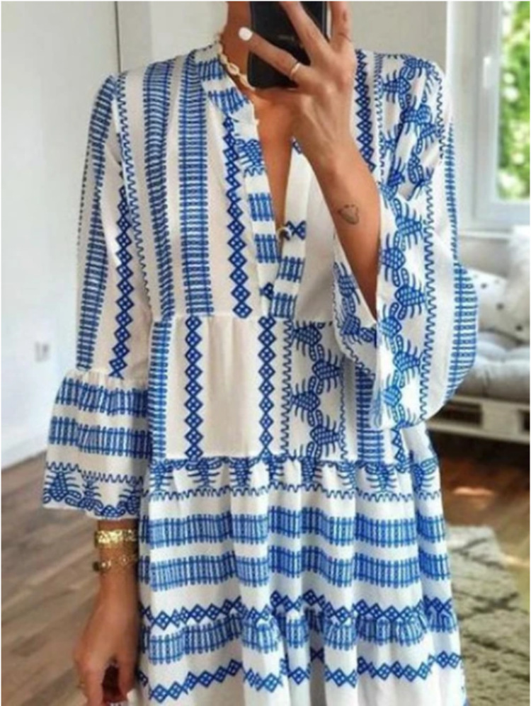 Women Dress Printed Bohemia es Sexy Long Print Floral Maxi Flare Sleeve V Neck Loose Plus Size es 210513