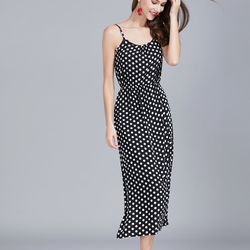 Fashion women dresses summer ladies black dot Sleeveless A-Line Sexy chiffon elegant Empire 3826 50 210510