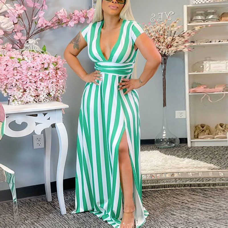 Women Short Sleeve Stripe Printed Plunge V-neck Slit Maxi Dress 210702