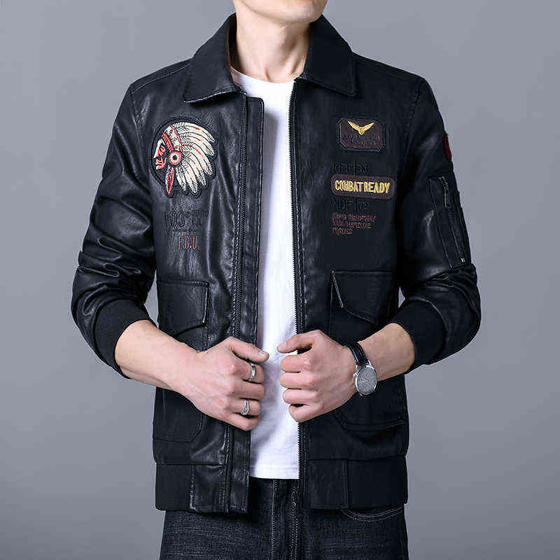 Autumn Men 's Retro Leather Jackets Embroidery Outwear Casual Motorcycle Pu Jacket Biker Leather Windbreaker Multi-pockets 211119