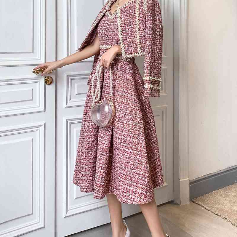 Winter fashion women's Tweed short coat and dress two-piece suit High Quality Women's Beading Dress 2 piece Sets 210520