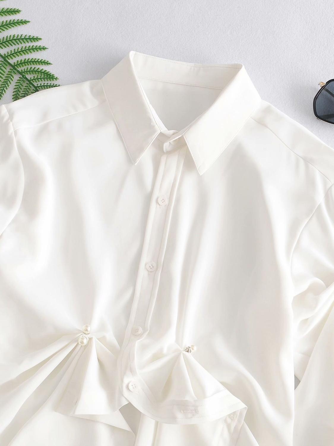 French Lapel Pleated Ruched Button Pearl White Shirt Short Women Blouse Hem Irregular Long Puff Sleeve Tops 210429