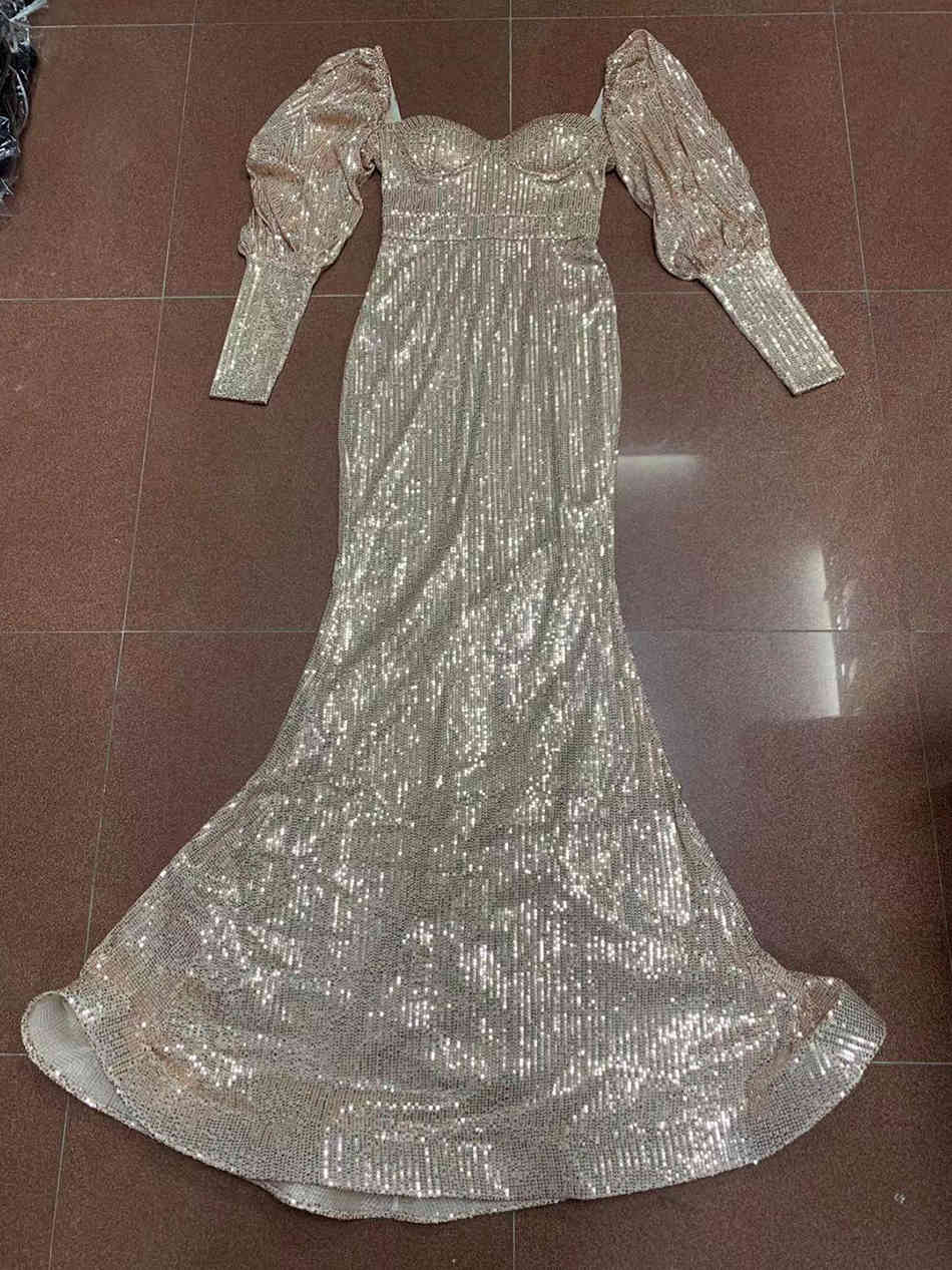 Free High Quality Sequins and Floor Dress Women Sexy Lantern Bodycon Fishtail Club Runway Party Vestidos 210524