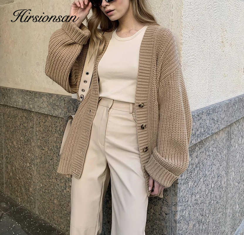Hirsionsan Cashmere Long Sleeve Sweater Women Single-Breasted Female Cardigan V Neck Soft Loose Knitted Outwear Jumpers 210914