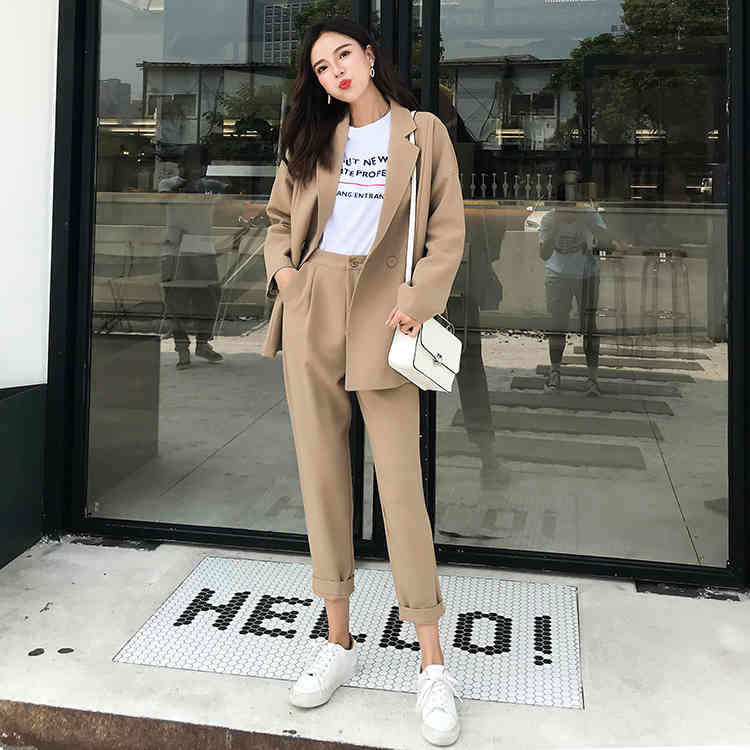 Comelsexy Autumn Winter Khaki Women Pant Suits Double Breasted Pocket Notched Blazer & Pant Office Wear Suit Female Set 210515