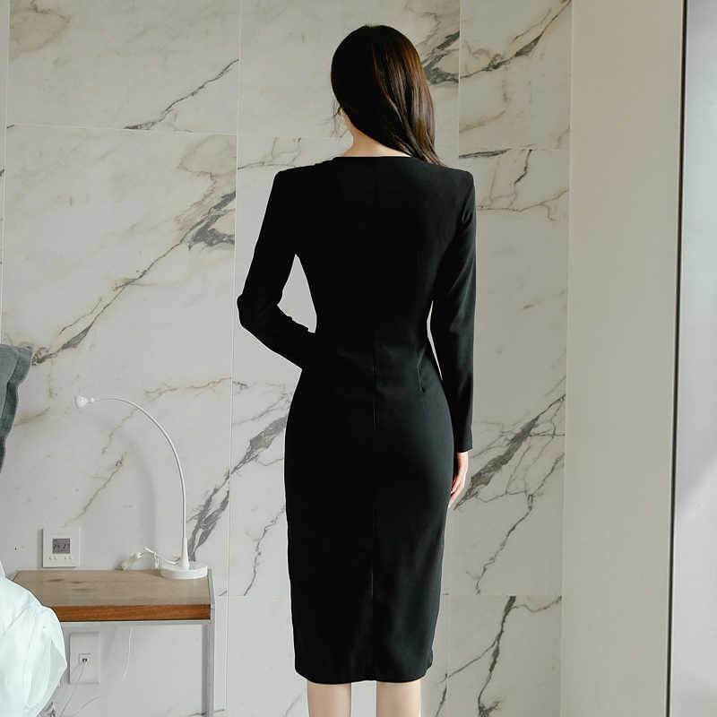 Autumn Winter Long Sleeve Front Zipper up Midi Bodycon Dress Women Black V Neck Slim Casual Office Work Pencil 210603