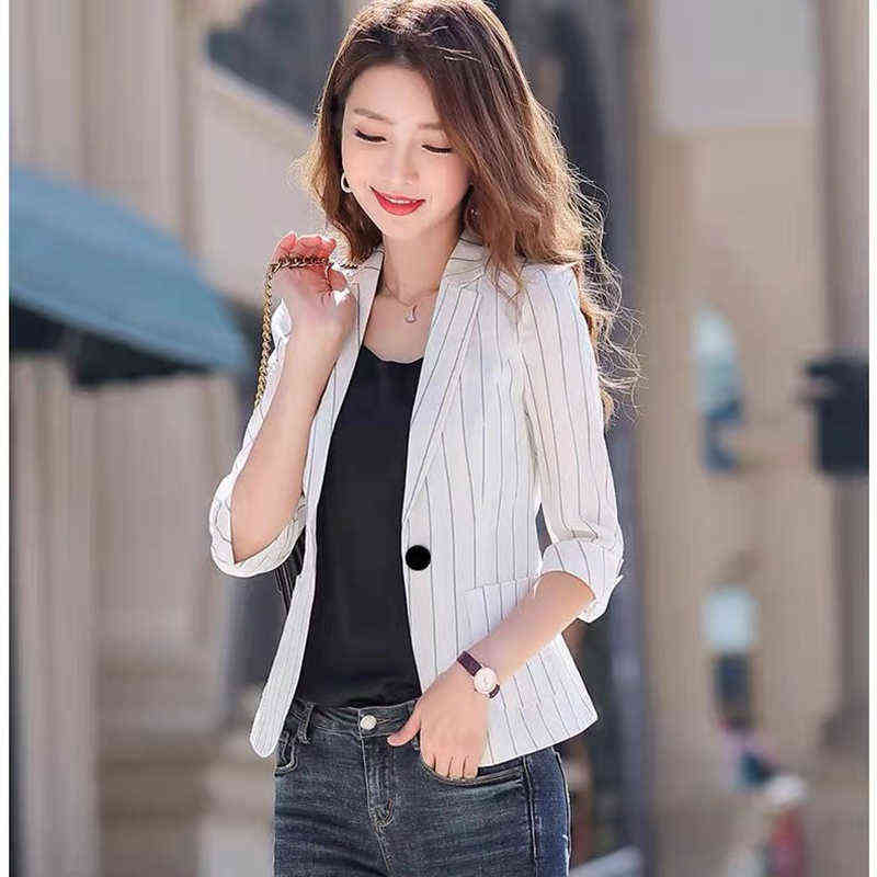 Spring Summer Women's Jacket Black White Striped Fashion Jackets Suit Three Quarter Sleeve Single Button Female Coat 211122