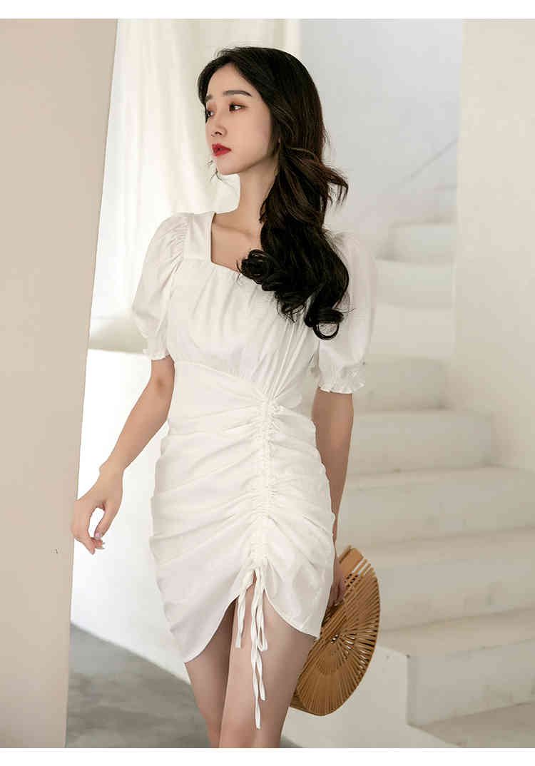 Elegant Fashion Ruched Drawstring Bodycon Mini Dress Summer Women Square Collar Slim Waist Vintage Vestidos 210519