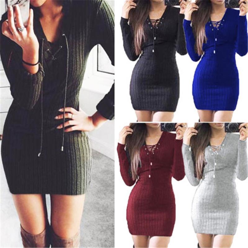 Autumn Slim Winter Short Dress Bandage Long Sleeve Y-Neck Sheath Sexy Bodycon Party Club Solid Women Sweater Dresses Casual