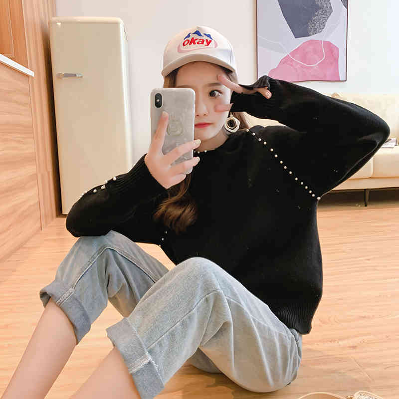 Autumn/winter Women Sweaters and Pullovers Computer Knitted Casual Hooded Loose Beading Solid Women Sweaters 5194 50 210518