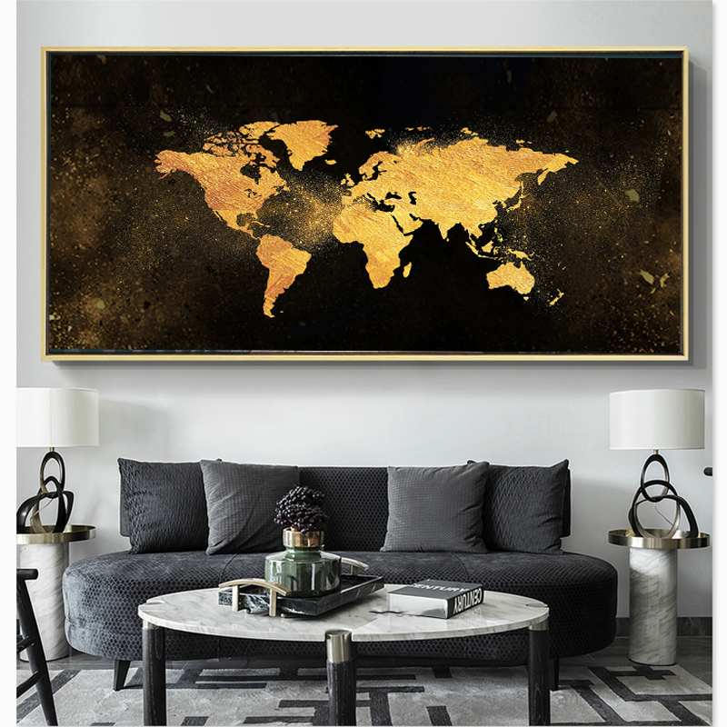 Abstract Art Golden Maps For Living Room Wall Art Canvas Prints Posters Canvas Modern Black Decorative Pictures