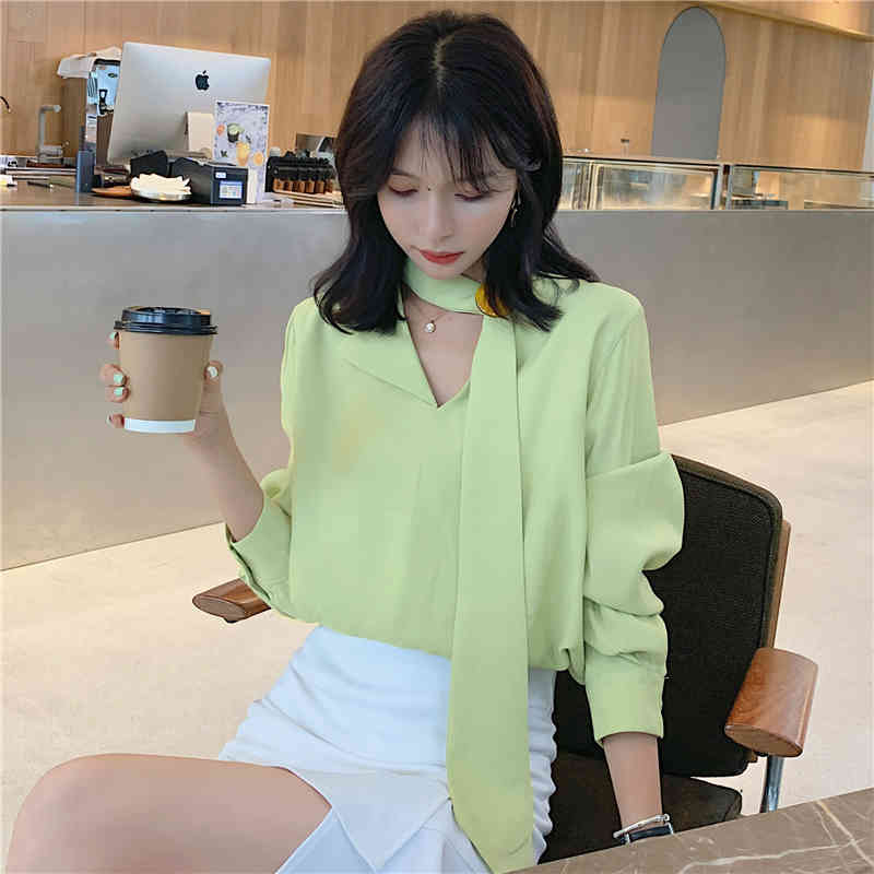 Autumn Long Sleeve Korean Avocado Green Chiffon Women Shirts V-neck Solid Sexy Blouses Tops Office Lady 6691 50 210510
