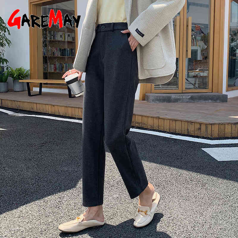 Winter Warm Trousers Suits for Women Work Office Pants High Waist Loose Vintage Female Thick Woolen Harem 210428