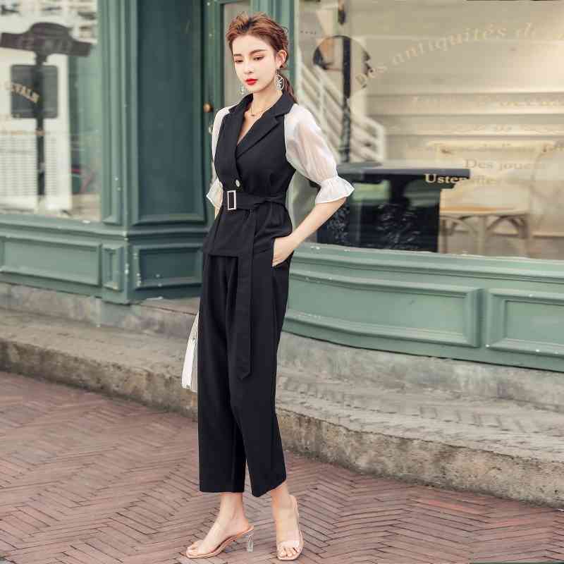 Autumn pant suits Women OL temperament Turn-Down Collar Double breasted Coat + High waist straight pants two-piece women 210520