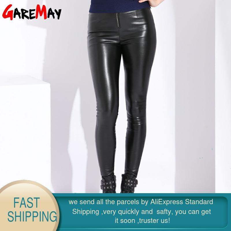 Winter Red Pu Leather Pants Womens Stretch High Waist Velvet Black Skinny White Faux Trousers 210428