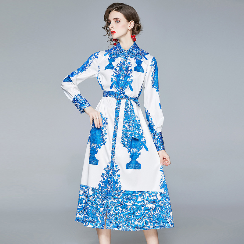 Fashion Runway Spring Dress Women Elegant Blue White Porcelain Print Sexy Ladies Vintage Party Shirt Long Dress Vestidos 210525