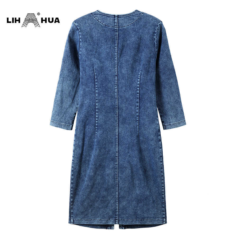 LIH HUA Women's Plus Size Denim Dress High Flexibility Slim Fit Dress Casual Woven Dress 210630
