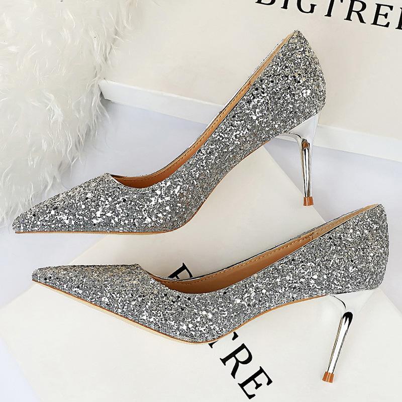 Dress Shoes Women 7.5cm Thin High Heel Pumps Bridal 2021 Bling Sparkly Heels Lady Party Fashion Glitter Wedding Plus Size
