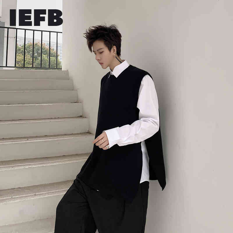 IEFB Spring Solid Color Round Neck Side Button Decoration Men's Knitted Vest Split Sleeveless Waistcoat Loose Casual 9Y5302 210524