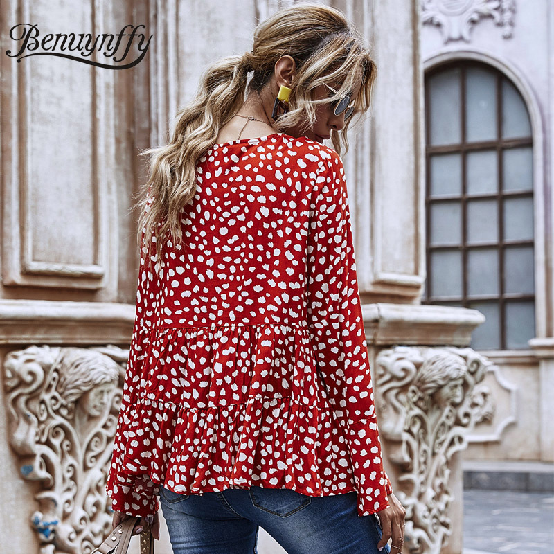 Casual Dot Print Long Sleeve Blouse Women Autumn Round Neck Pleated Shirts Female Clothes Loose Tops and Blouses 210510