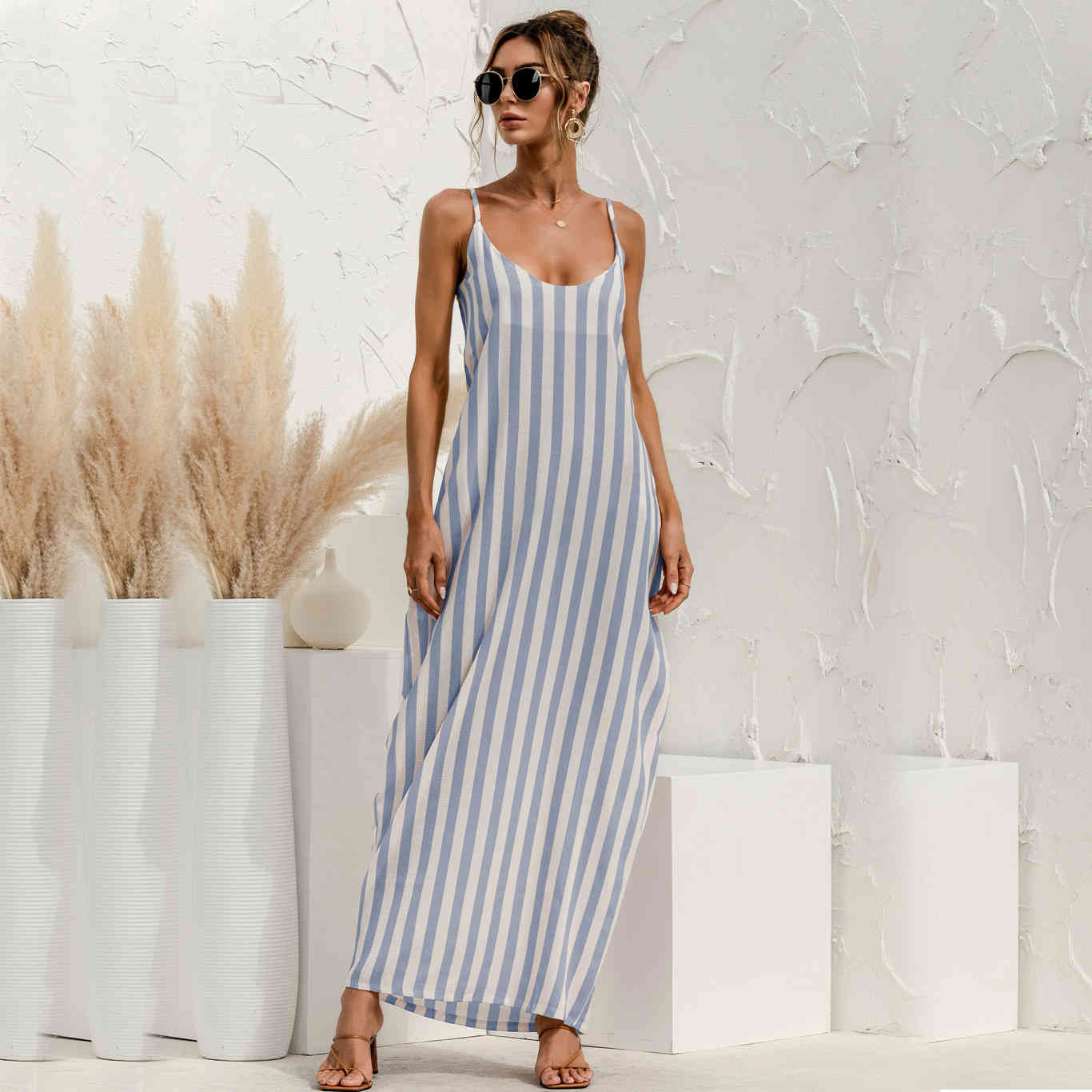 Bohe dress Summer Spaghetti Strap Loose V-Neck Striped Women's Ankle-length Dress Casual holidays female long 210524