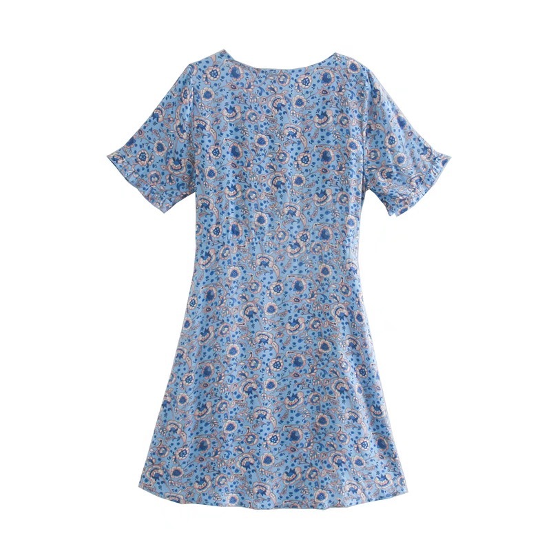 Bohemia Tie Bow Sashes V neck Floral Print wood ears Short Sleeve Mini Dress Hippie Woman Holiday Dresses BOHO Vestidos 210429