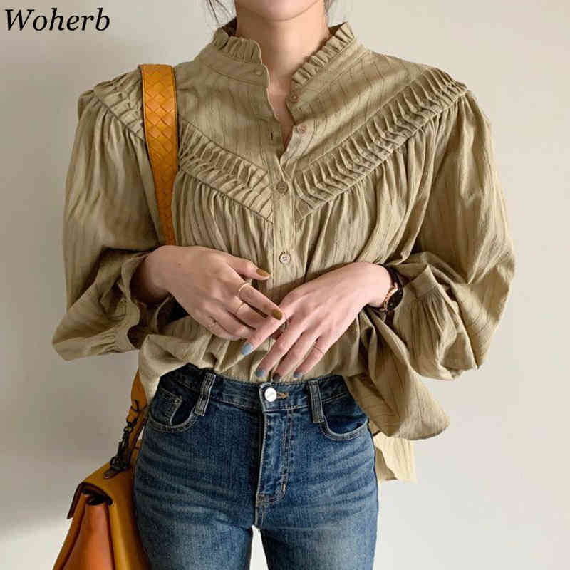 Korean Shirts Women Blusas Mujer De Moda Fashion Ruffles Stand Neck Pleated Blouses Lantern Sleeve Loose Blouse Tops 210519