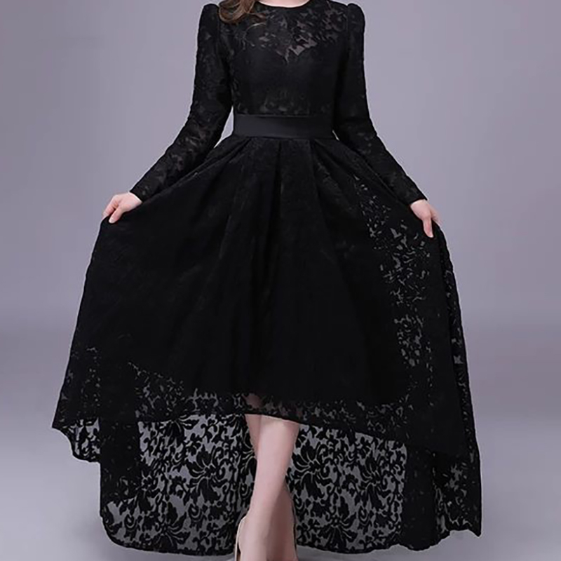 Black High Low Muslim Evening Dresses 2022 A-line Long Sleeves Tea Length Lace Islamic Dubai Saudi Arabic Long Elegant Special Occasion Gowns Prom Dre
