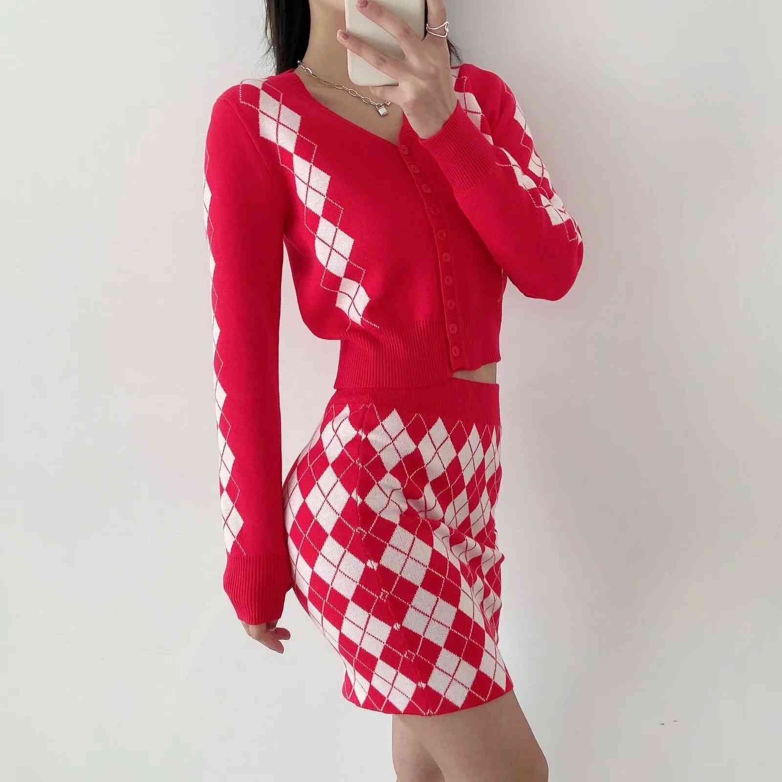 90s Vintage Argyle Plaid Knitted Cropped Cardigan 2 pcs 1 Set Crop Women Sweater Package Hips Mini Skirt Y2K Knitwear 210429