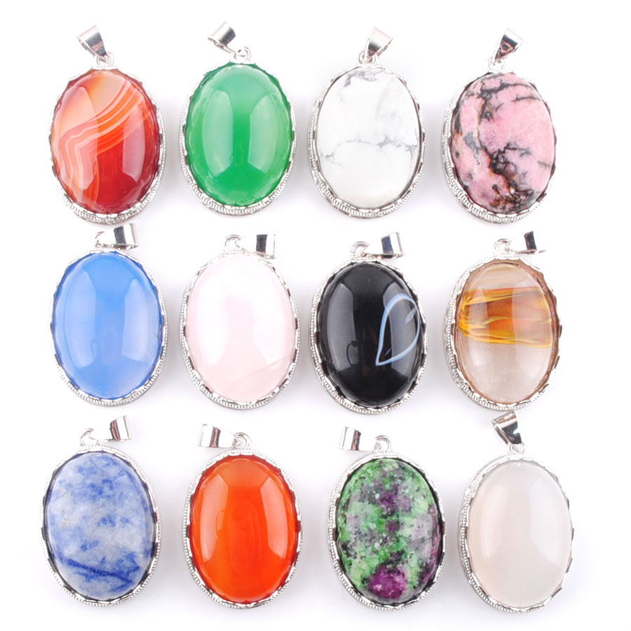 WOJIAER Women Pendant Natural Blue Howlite Aventurine Green Jade Gem Stone Egg Bead Silver Pendants Men Jewelry Making BN329