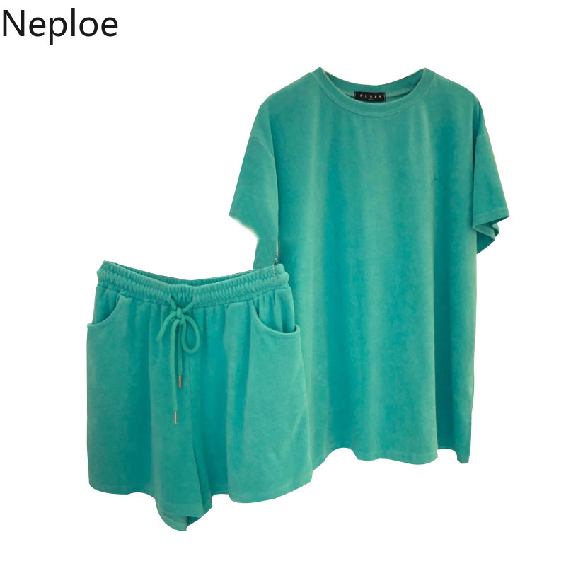 Neploe Women Sets Summer Tracksuit O Neck Short-sleeved T-shirt + Elastic Waist Casual Shorts Loose Two-piece Suit Female 4l238 210422