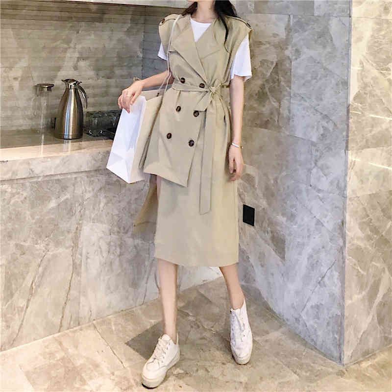 Spring Trench Coat Pattern Lapel Sleeveless Solid Double Breasted Asymmetrical Vest Women Free Belt 210506