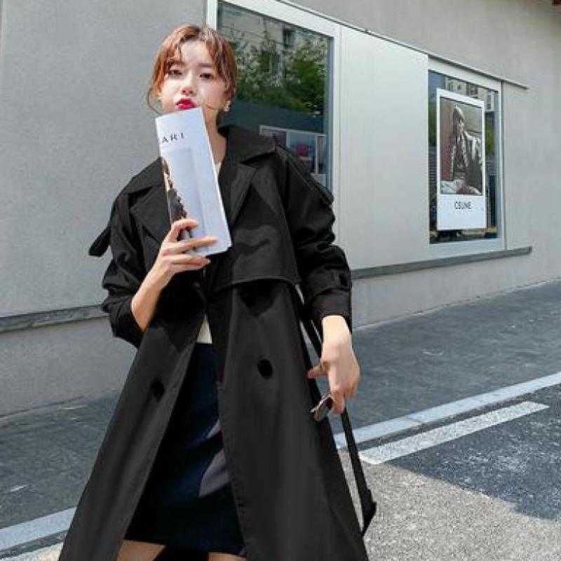 Yedinas Fall /Autumn Casual Women Long Trench Coat Double Breasted Simple Classic Windbreaker Korean Outwear with Belt 210527