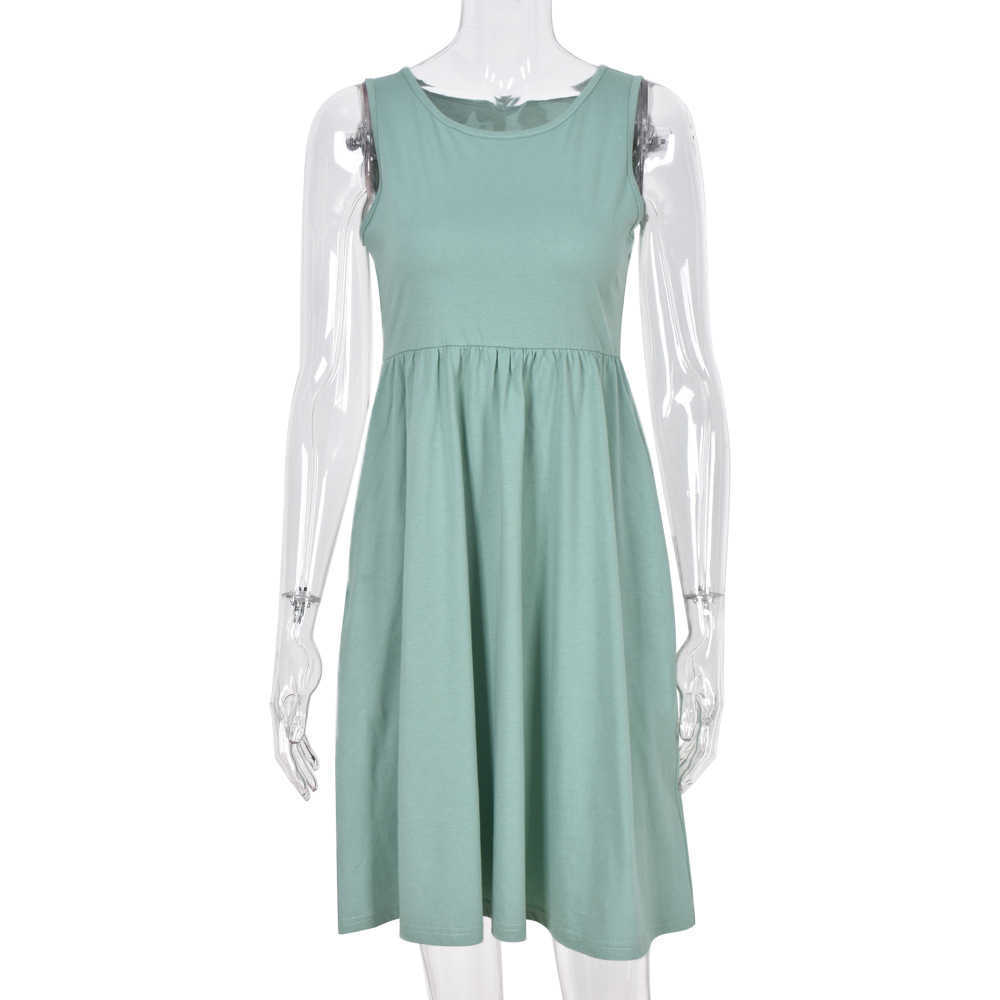 Women Solid Sleeveless Summer Dress Casual O Neck Elastic Tunic Swing Elegant Loose High Waist Tank es Femme 210526