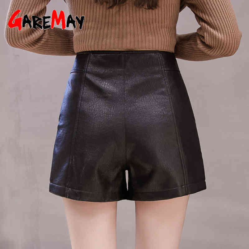 autumn winter women's leather shorts black high waist korean style plus size PU female for 210428