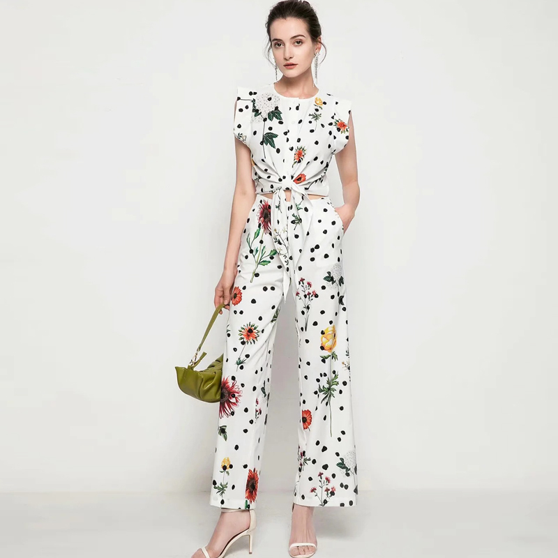 Women's Two Piece Pants Sets O Neck Flare Sleeves Lace Up Blouse with Printed Long Pant Fashion Runway Twinsets