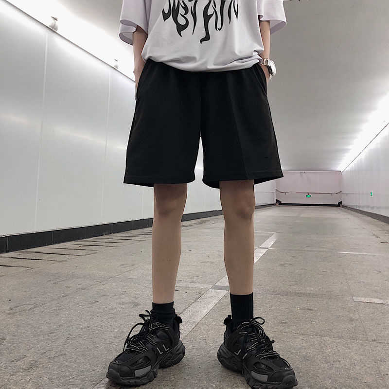 Women Five Pointed Shorts Solid Black Grey Wide short Pants Unisex Students Casual Oversized Streetwear Hip Hop Punk Style 210714
