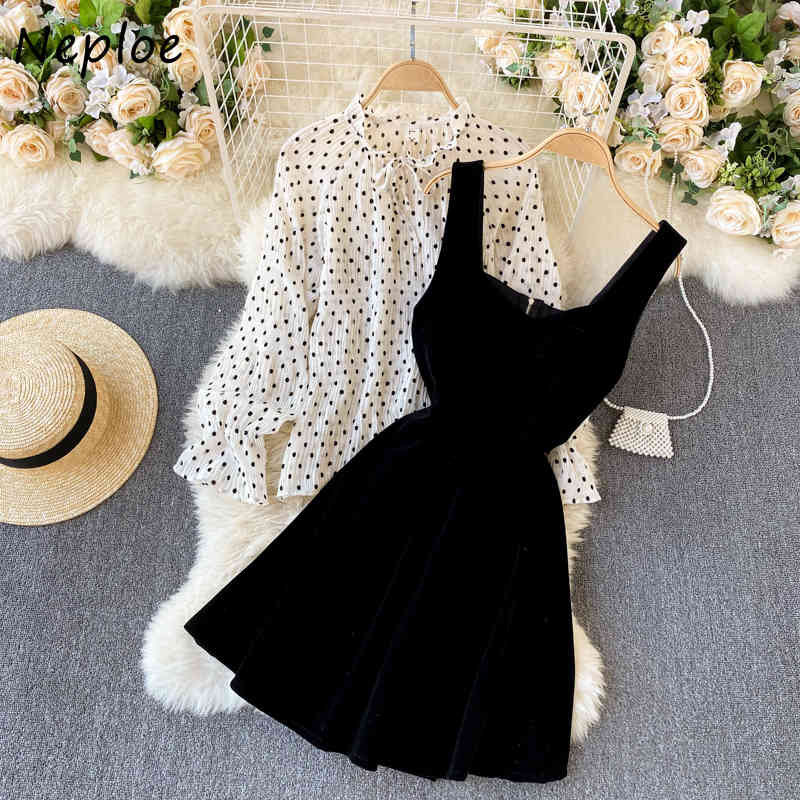 Neploe Spring Slim 2 Piece Set Women O Neck Flare Sleeve Polka Dot Blouse Tops + High Waist H Camis Dress Spring New Suit 210422