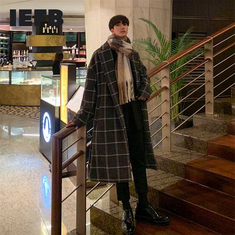 IEFB /men's wear autumn winter plaid print long coat Korean style trendy mid-length woolen coat couple bandage waist 9Y3829 211122