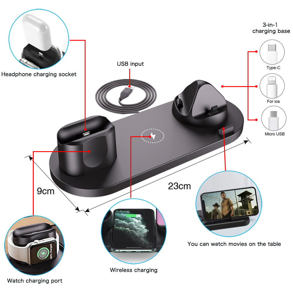NEW 6 in 1 Wireless Charger For Apple Watch 6 5 4 3 iPhone 12 11 X XS XR 8 Airpods Pro Samsung Xiaomi 10W Qi Fast Charging Stand