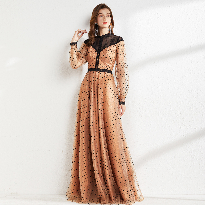 Women's Runway Dresses O Neck Long Sleeves Lace Patchwork Polka Dots Printed Elegant Maxi Floor Length Party Prom