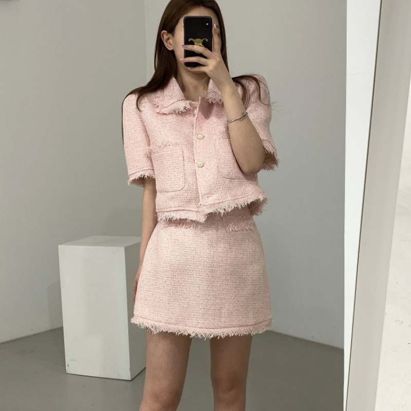Elegant 2 Piece Sets Vintage Fashion Tweed Single-Breasted Tassel Crop Top + High Waist A-line Mini Skirts Women Clothes 210518
