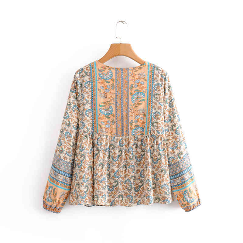 Chu Sau beauty Boho Floral Print Blouses Women Holiday Style Fashion Long Sleeve Shirts Female Camisa De Moda 210508