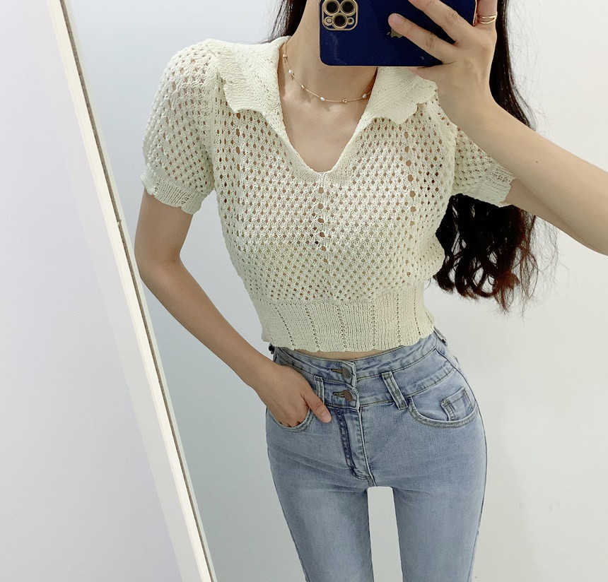 Korejpaa Women T-Shirt Summer Korean Chic Temperament Age-Reducing Lapel Mesh Hollow Perspective Sunscreen Knitted Pullover 210526