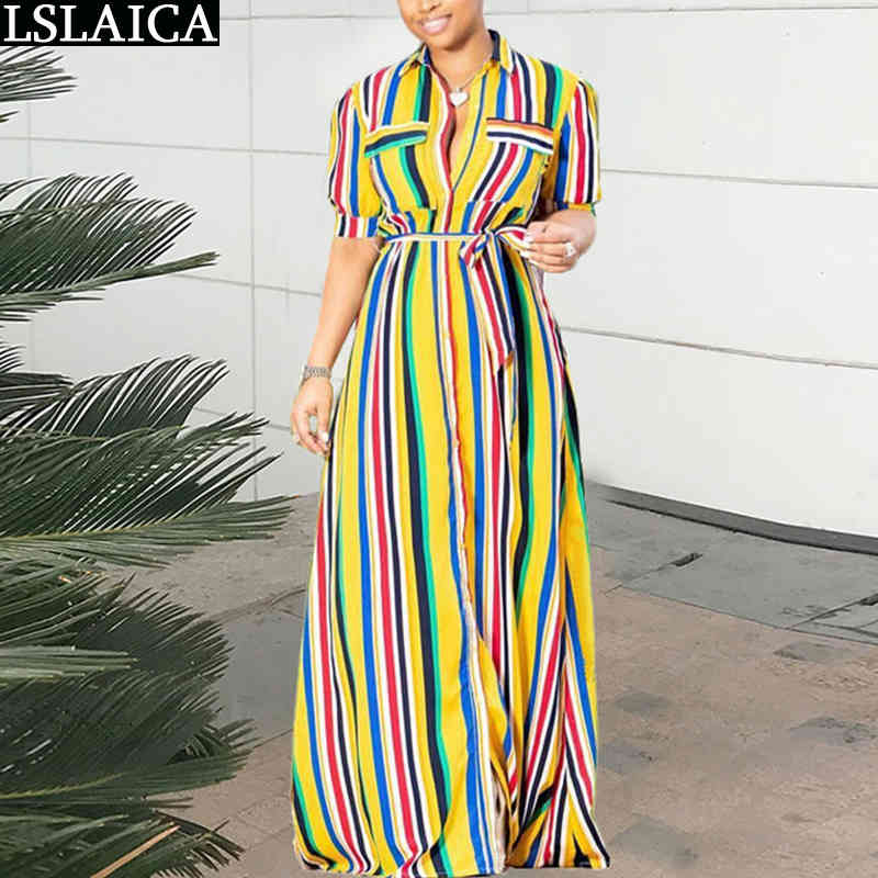 Africa Style Women's Shirt Dress Casual Colorful Print Stripes Floor-Length Fashion Deep V-Neck Hem Split Ladies es 210515
