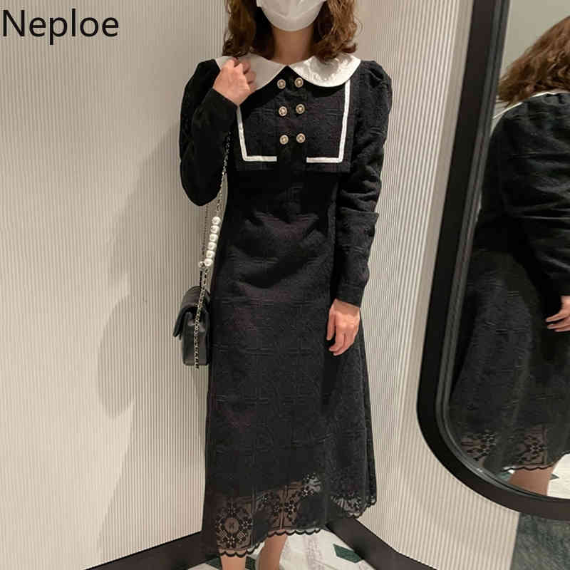 Neploe Korean Vintage Maxi Dress Peter Pan Collar Double-breasted Heavy Lace Vestidos Pattern Slim Elegant Dresses for Women 210422