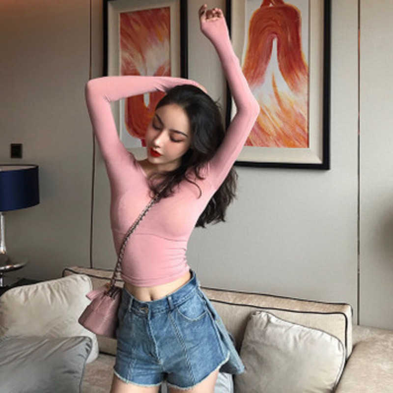 WOMENGAGA Women's Round Neck Slim Tight Top Thin Long Sleeve Pink T-shirt Bottomed Tees Cotton Z5OG 210603